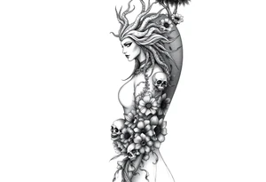 Ethereal Medusa standing. She is beautiful and feminine. She is a phoenix rising from fire and ash. Surrounded by flowers and skulls tattoo idea