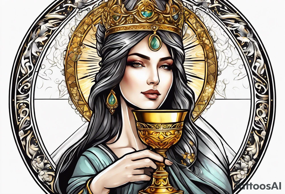 woman saint holding chalice surrounded by golden halo sideways tattoo idea