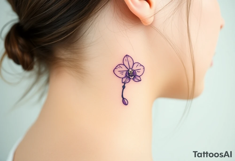 A tiny purple orchid outline, placed delicately behind the ear for a subtle yet elegant touch tattoo idea