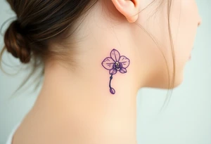 A tiny purple orchid outline, placed delicately behind the ear for a subtle yet elegant touch tattoo idea