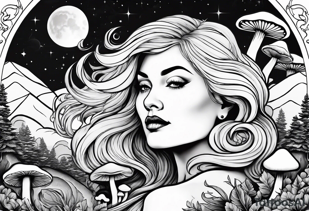 Older blonde fat woman no makeup surrounded by mushrooms mountains crescent moon background tattoo idea