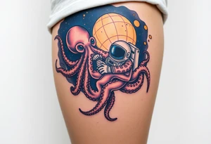 Kraken octopus grabbing a astronaut in a Outer space back ground tattoo idea