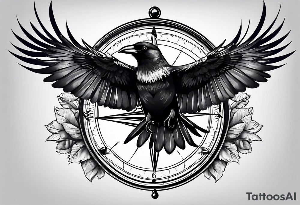 flying crow with compass tattoo idea