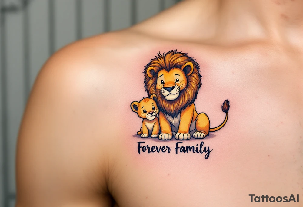 A cartoon-style lion and cub in warm gold and brown tones with “Forever Family” underneath. tattoo idea