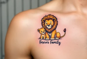 A cartoon-style lion and cub in warm gold and brown tones with “Forever Family” underneath. tattoo idea