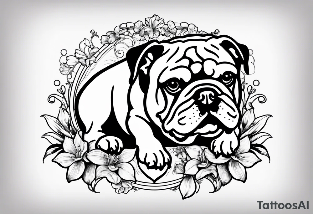 english bulldog with lily of the valley tattoo idea
