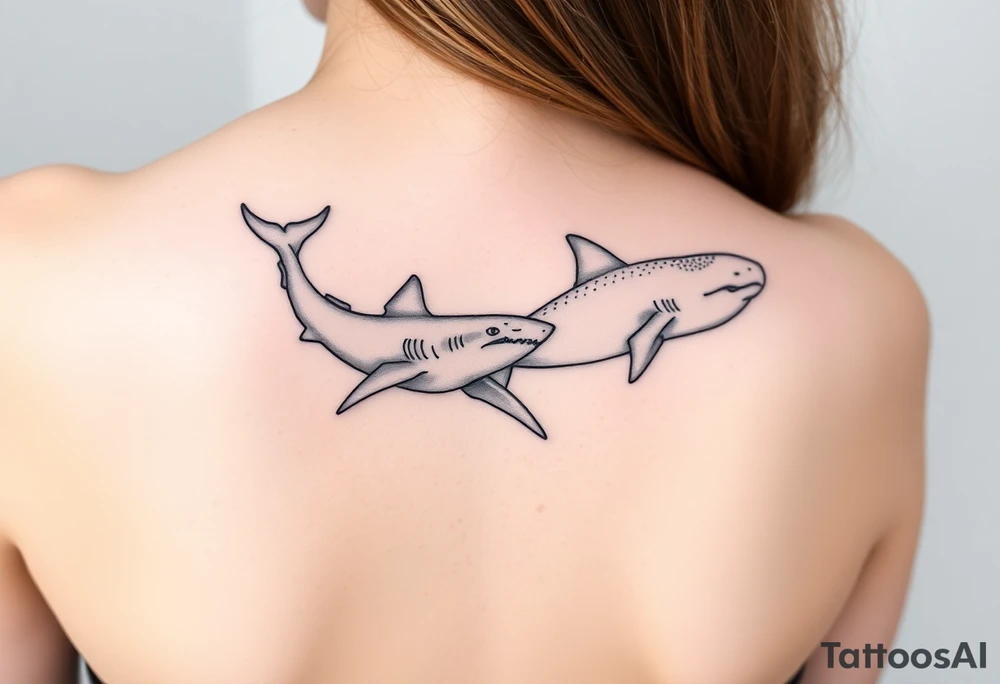 lemon shark and whale shark swimming along the spine tattoo idea