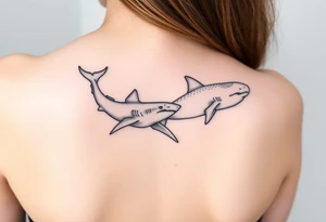 lemon shark and whale shark swimming along the spine tattoo idea