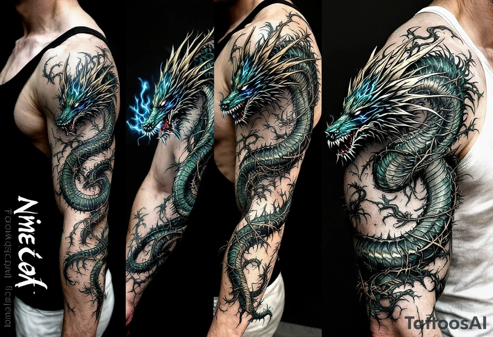 Slavic Dragon (Zmey) – A three-headed serpent-like dragon in shades of dark green and steel, spitting blue flame and wrapped in thorny vines. tattoo idea