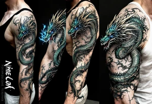 Slavic Dragon (Zmey) – A three-headed serpent-like dragon in shades of dark green and steel, spitting blue flame and wrapped in thorny vines. tattoo idea