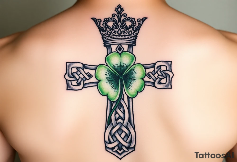 Celtic cross tattoo featuring intricate knotwork patterns along the arms and base of the cross. At the heart of the cross, place a vibrant four-leaf clover, its leaves shaded with subtle gradients of green, symbolizing luck and unity. Above the cross, incorporate a regal crown adorned with ornate details, such as small gemstones or filigree, to signify authority and strength. The entire composition should have a balanced, harmonious feel, with the textures and shading creating a sense of depth and dimension. Surround the design with a faint aura or subtle accents, like soft wisps of light, to add a spiritual and mystical quality tattoo idea