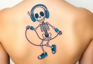 Cute smiling skeleton jumping on a jump rope with blue headphone and blue tennis shoes and blue armbands with nice  music notes on the headphones tattoo idea