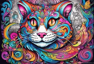 Alice in wonderland themed very colorful with Cheshire Cat psychedelic vibe tattoo idea