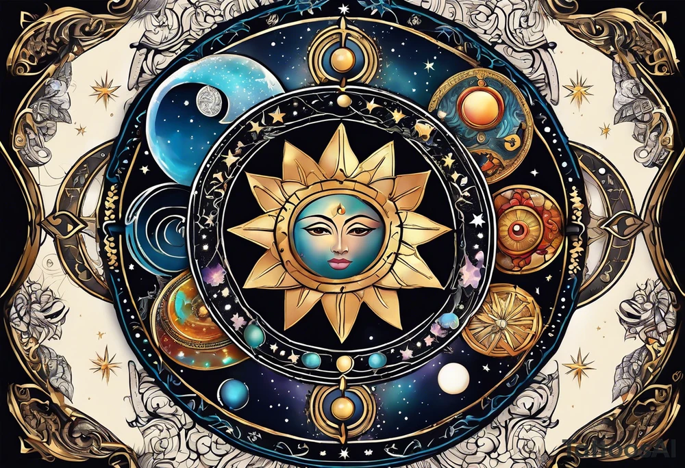 Astrology, Cancer & Aquarius, Natal Chart, vision, yin yang, the moon, the sun, Uranus, Pluto, spiritual third eye, mystical armband tattoo idea