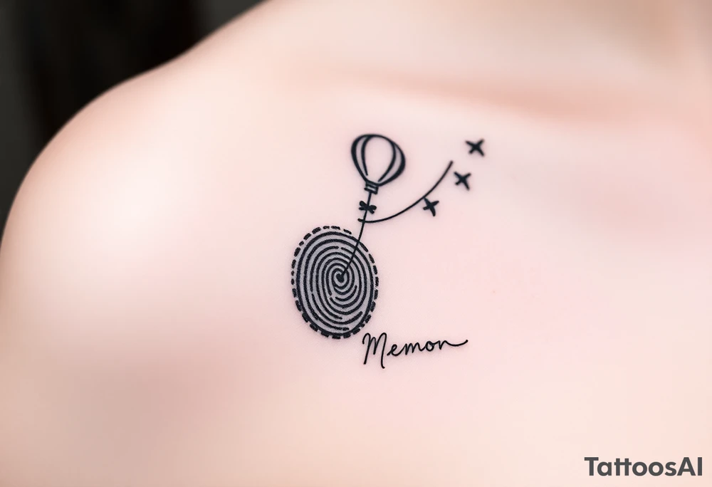 Memorial tattoo a fingerprint becomes a balloon or kite, tethered with a thin string to the signature below. Small planes rise from it, flying toward the top right.

Signature: Styled as if it’s holding the string tattoo idea