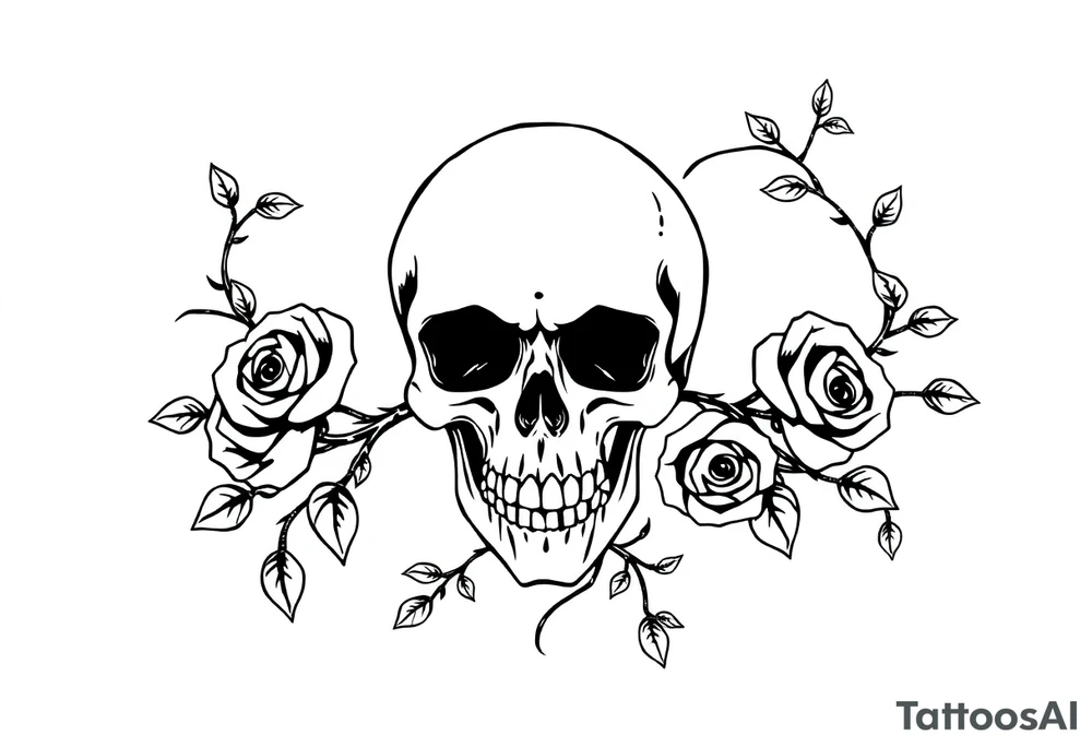 gothic skull intertwined with climbing roses and thorny vines tattoo idea