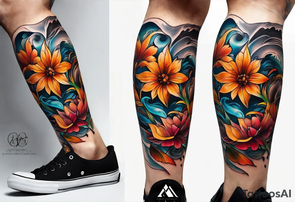 knee tattoo in fall colors with bluw water flow tattoo idea