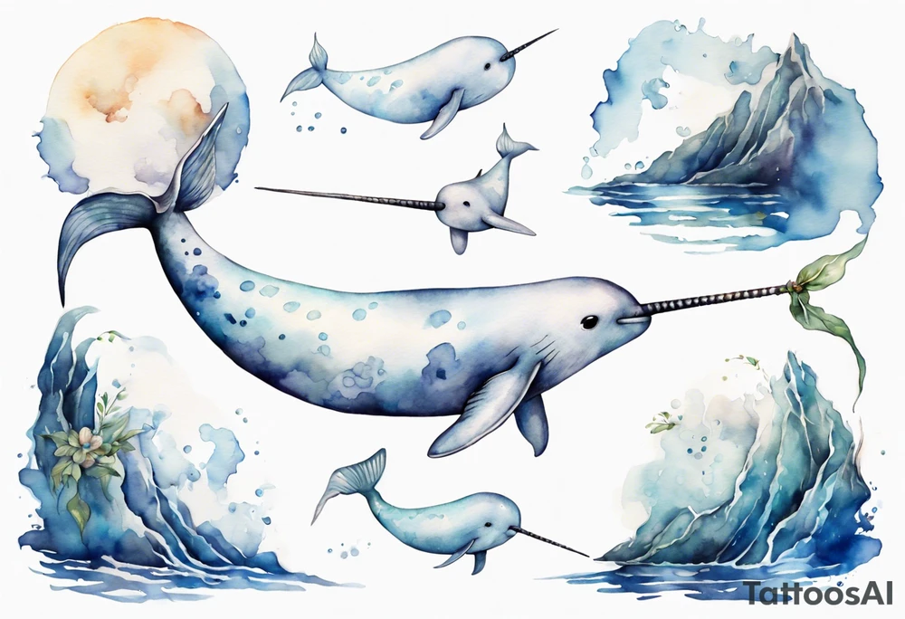 a melancholy watercolor painting of a realistic white narwhal swimming tattoo idea