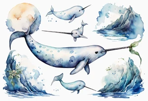 a melancholy watercolor painting of a realistic white narwhal swimming tattoo idea
