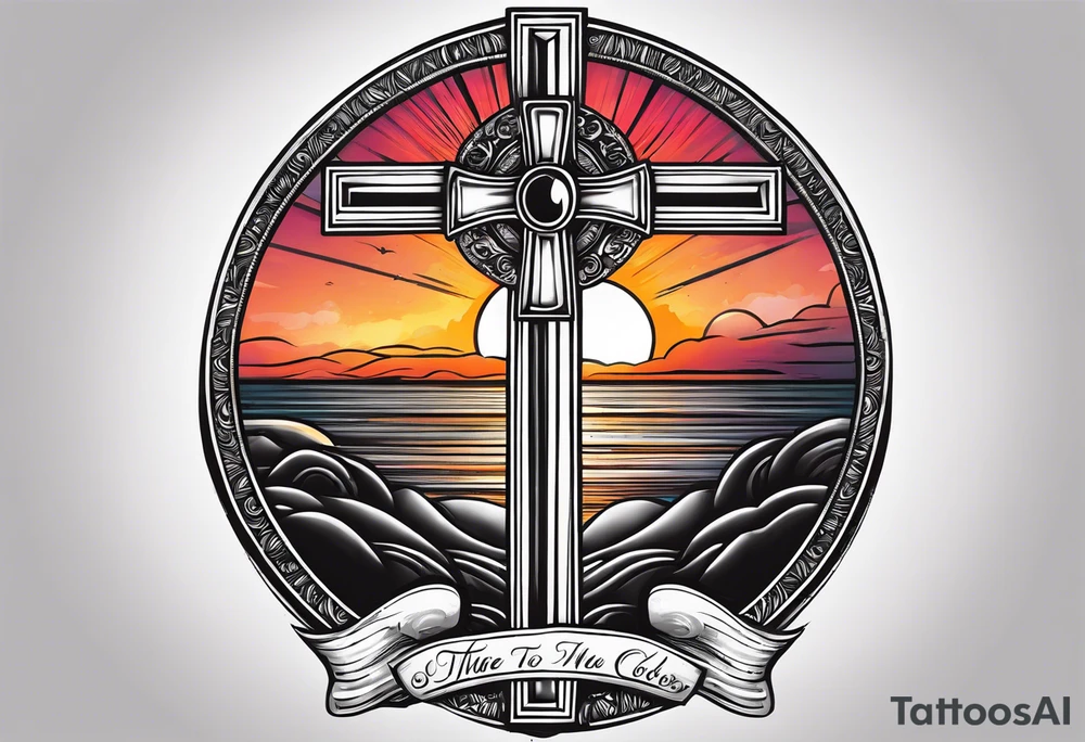 A cross with a ribbon around it with the text stay true to who you are with the colors of a sunset fading out from behind it tattoo idea