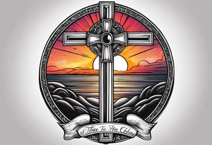 A cross with a ribbon around it with the text stay true to who you are with the colors of a sunset fading out from behind it tattoo idea