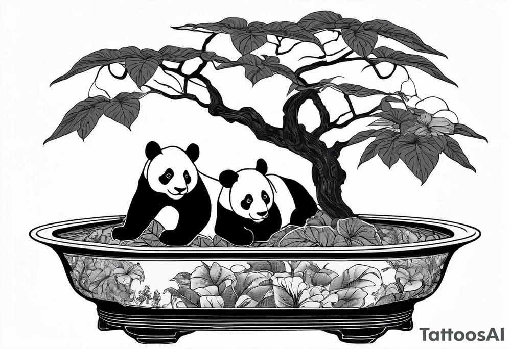 a bonsai pot with 4 Anthurium plant, underneath the canopy is a porcelain statue of a panda tattoo idea