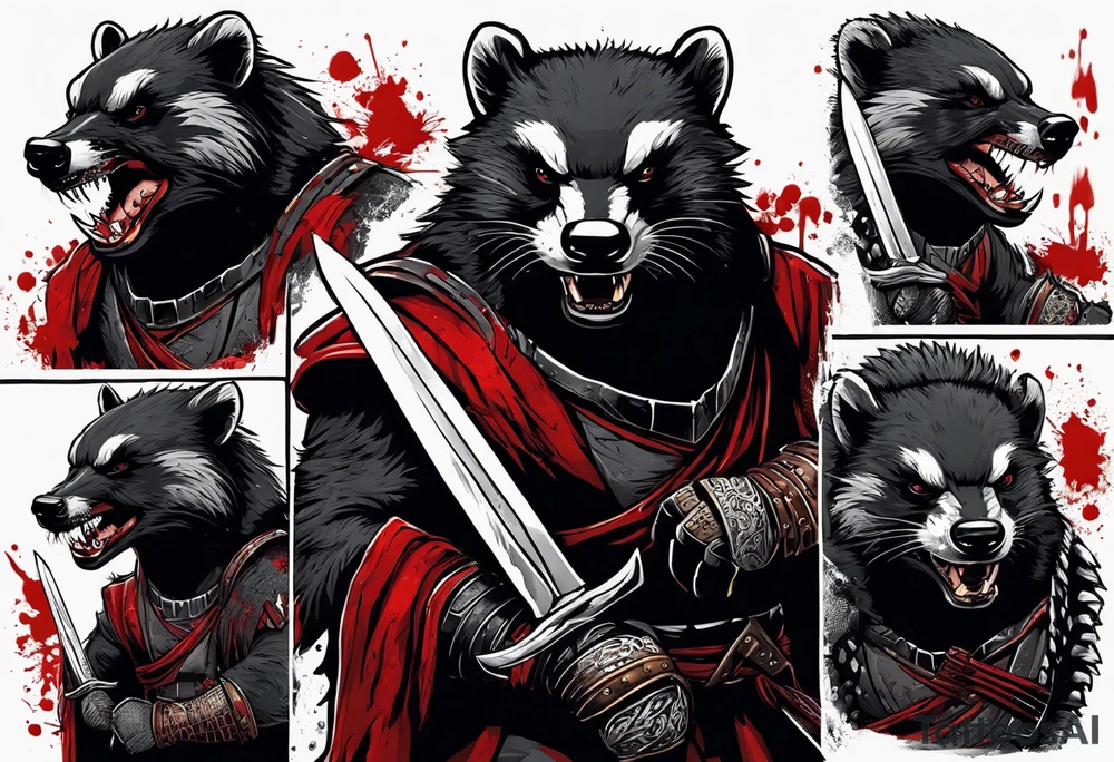 Draw me psychopath Honey Badger/Berserker/Assassin with aggressive full body, killer face with a scary smile, very long nails and he attacks like a Bloody Assassin/Warrior/Gladiator to us and also, he has very deadly looking. He fights with his nails only. Everybody scares after their first sight. Give me horror type Badger Tattoo. I want to see his Realistic full body with no weapons. You can show destruction at the back. tattoo idea