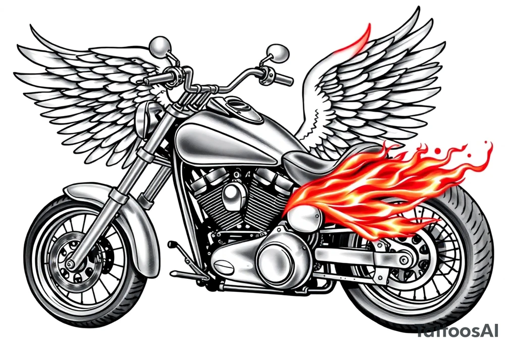Harley grey motorcycle driving away, flames, angel wings tattoo idea