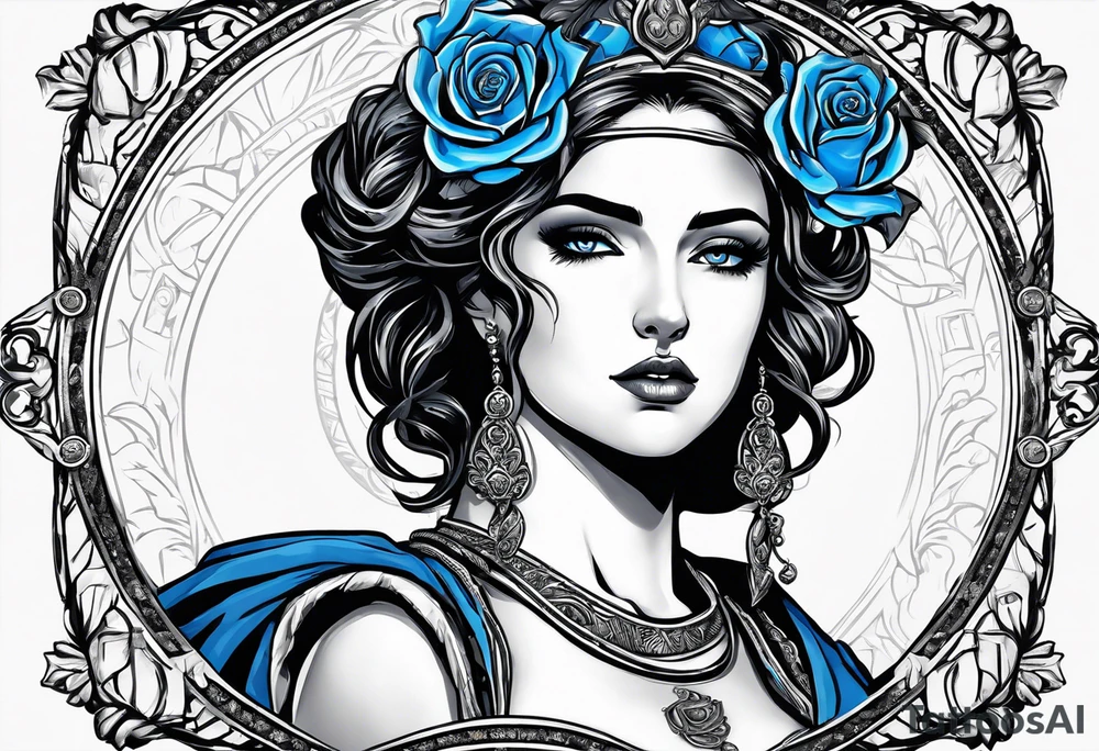 ancient rome clothes ,women,,ancient scale in one hand, blue rose frames, ladies justicia ,keeps  scale tattoo idea