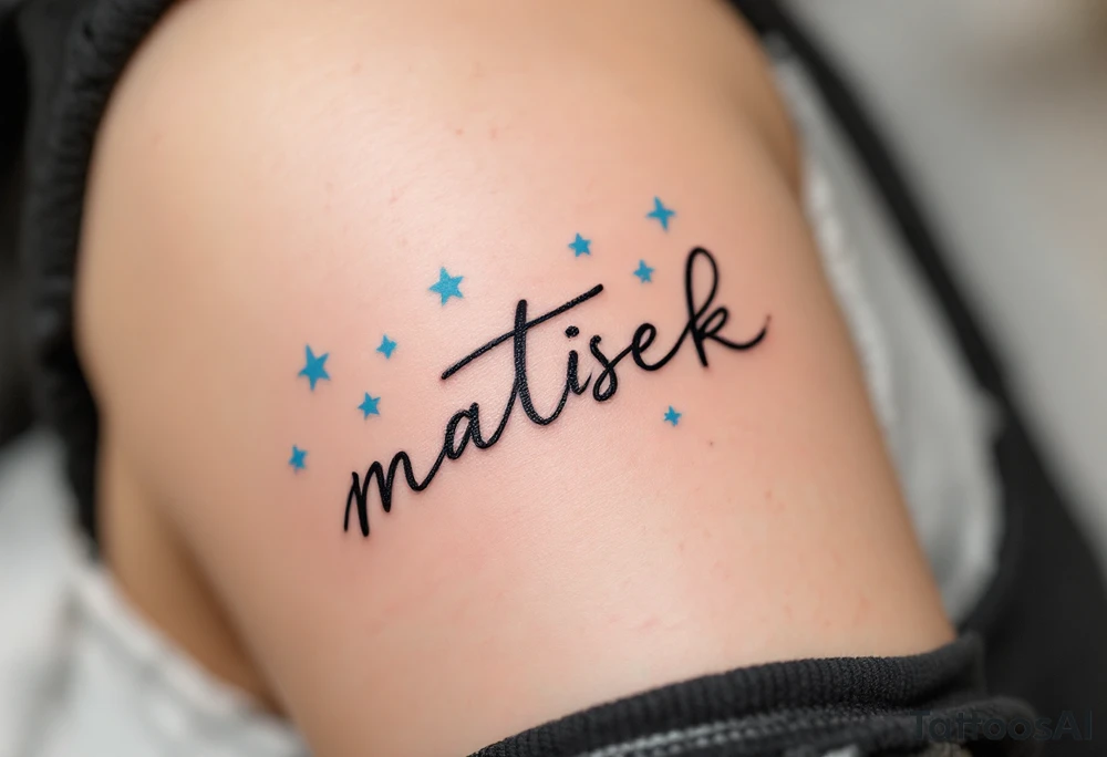 Matýsek in playful handwritten font, with light blue stars scattered around it. tattoo idea