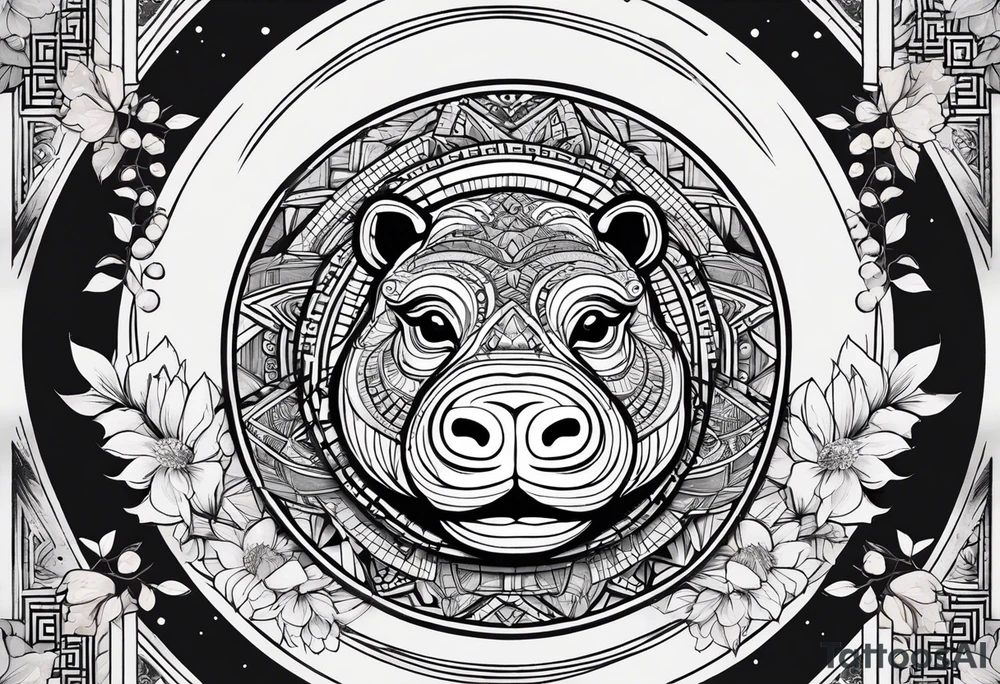 Very asymmetrical, +geometric pattern, with realistic full moon, with serious looking hippo, +zen feel, + Buddhism touch, +tribal, +geometric, +inkart 
with wintersweet flower bud, +portrait orientation, +inkart touch, tattoo idea
