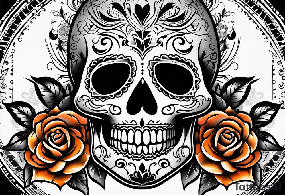 Sugar skull with roses that are orange and black tattoo idea