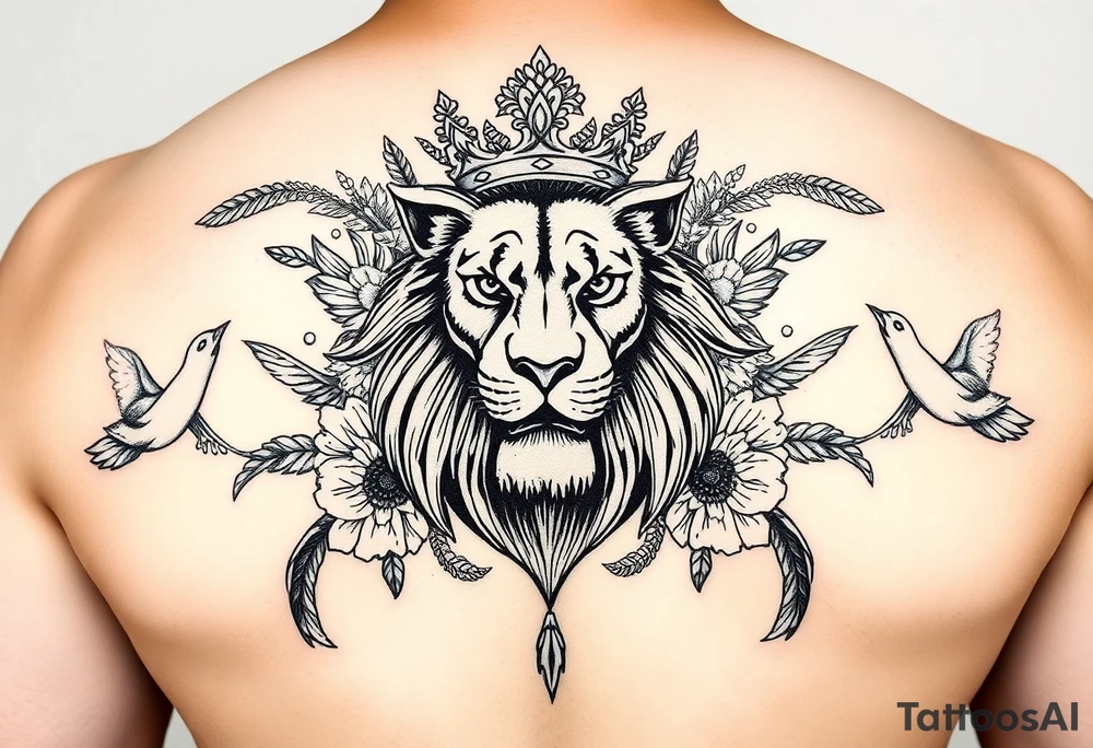 powerful majestic lion with a crown, surrounded by floral ornaments and birds tattoo idea