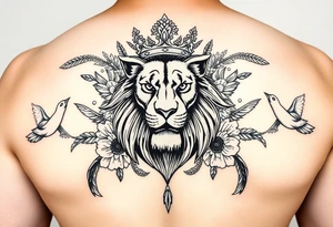 powerful majestic lion with a crown, surrounded by floral ornaments and birds tattoo idea