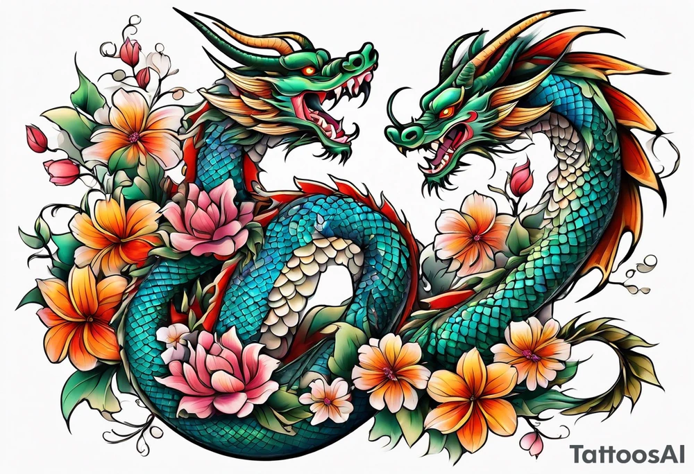 long dragon with colorful flowers tattoo idea
