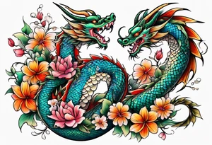 long dragon with colorful flowers tattoo idea