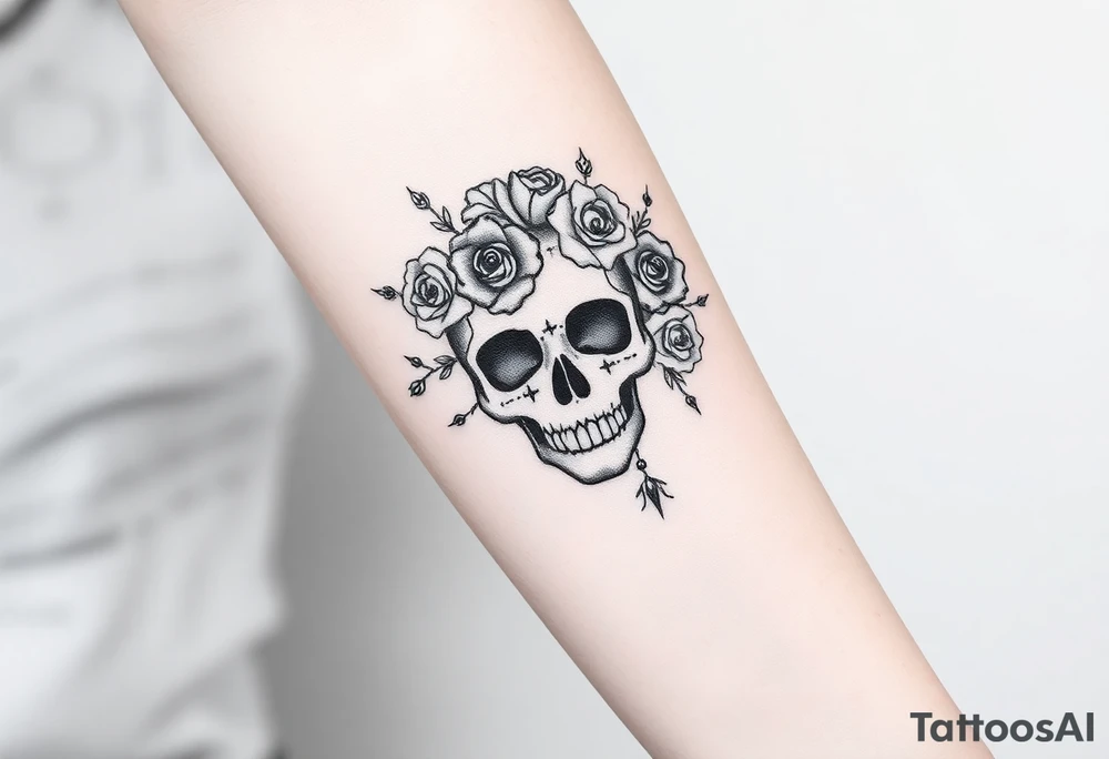 ornate skull adorned with crown of wild roses and thorns tattoo idea