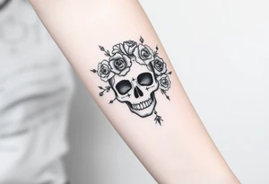 ornate skull adorned with crown of wild roses and thorns tattoo idea