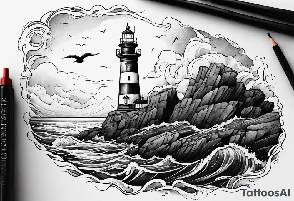 Lighthouse above a high cliff with below a wild sea and sinking ship tattoo idea