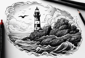 Lighthouse above a high cliff with below a wild sea and sinking ship tattoo idea