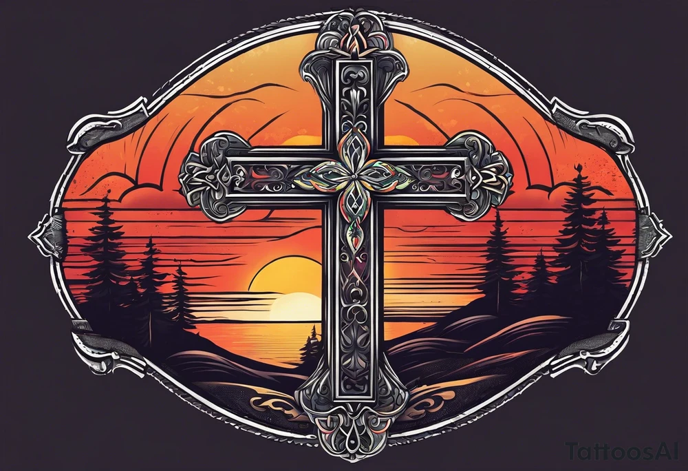 A cross with a ribbon around it with the text stay true to who you are with the colors of a sunset fading out from behind it tattoo idea