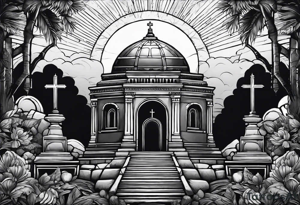 Tomb with cross and sun in the background tattoo idea