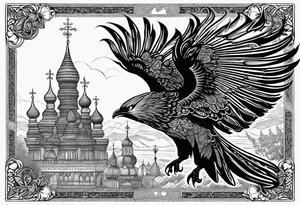 russian firebird in-flight with long fancy tail and 3 small onion cap monastery towers in background, with "Isaiah 43: 18-19" tattoo idea