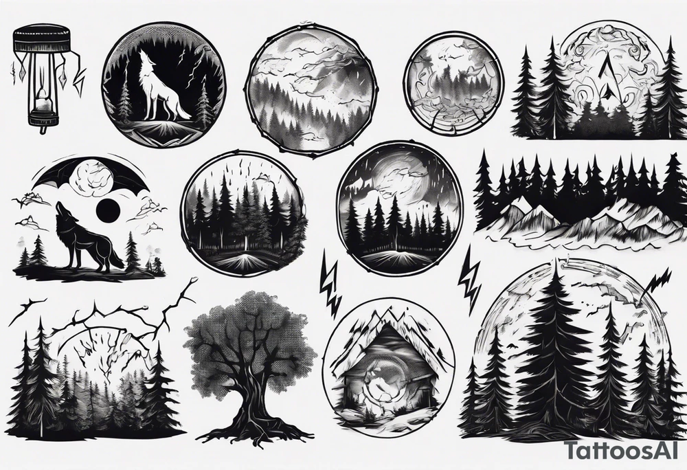 a thunder and lightning storm over a forest with a distant wolf howling and a drum circle tattoo idea