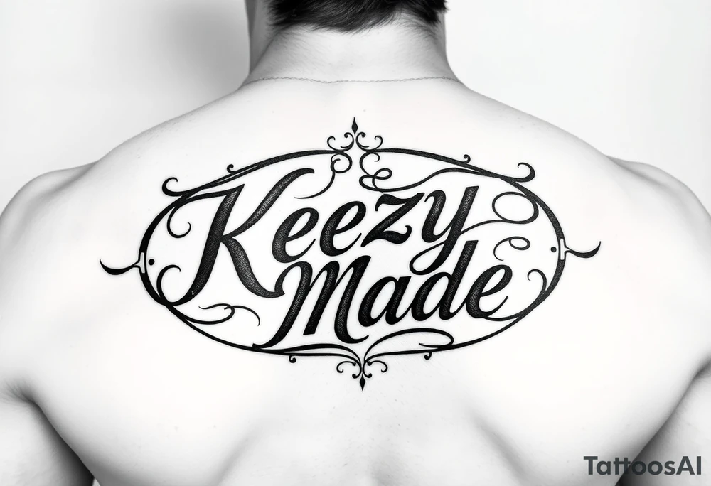 A fancy but rugged intertwined circular arched curvy lettering that would be clothing brand style that says (KeezY MadE) tattoo idea