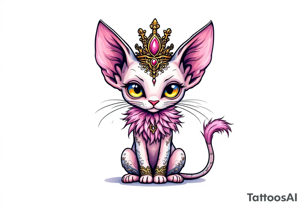 Chibi Glamorous sphinx cat with a pink feather boa and wearing a crown tattoo idea