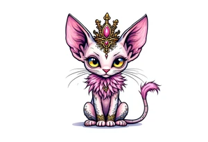 Chibi Glamorous sphinx cat with a pink feather boa and wearing a crown tattoo idea