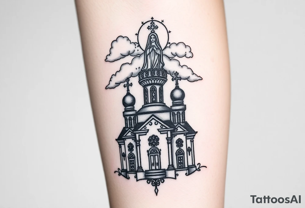 Russian Orthodox church with orthodox spire crosses, with clouds above it and a virgin mary over looking sat above tattoo idea