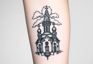 Russian Orthodox church with orthodox spire crosses, with clouds above it and a virgin mary over looking sat above tattoo idea