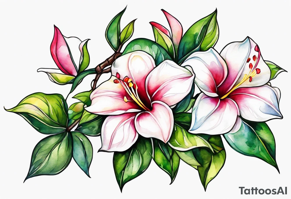 white background, abstract mandevilla flowers on a vine, part of it watercolor, part of it just line work tattoo idea